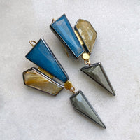 Geometric Earrings with Lazulite, Golden Rutilated and Chatoyant Grey Quartzes